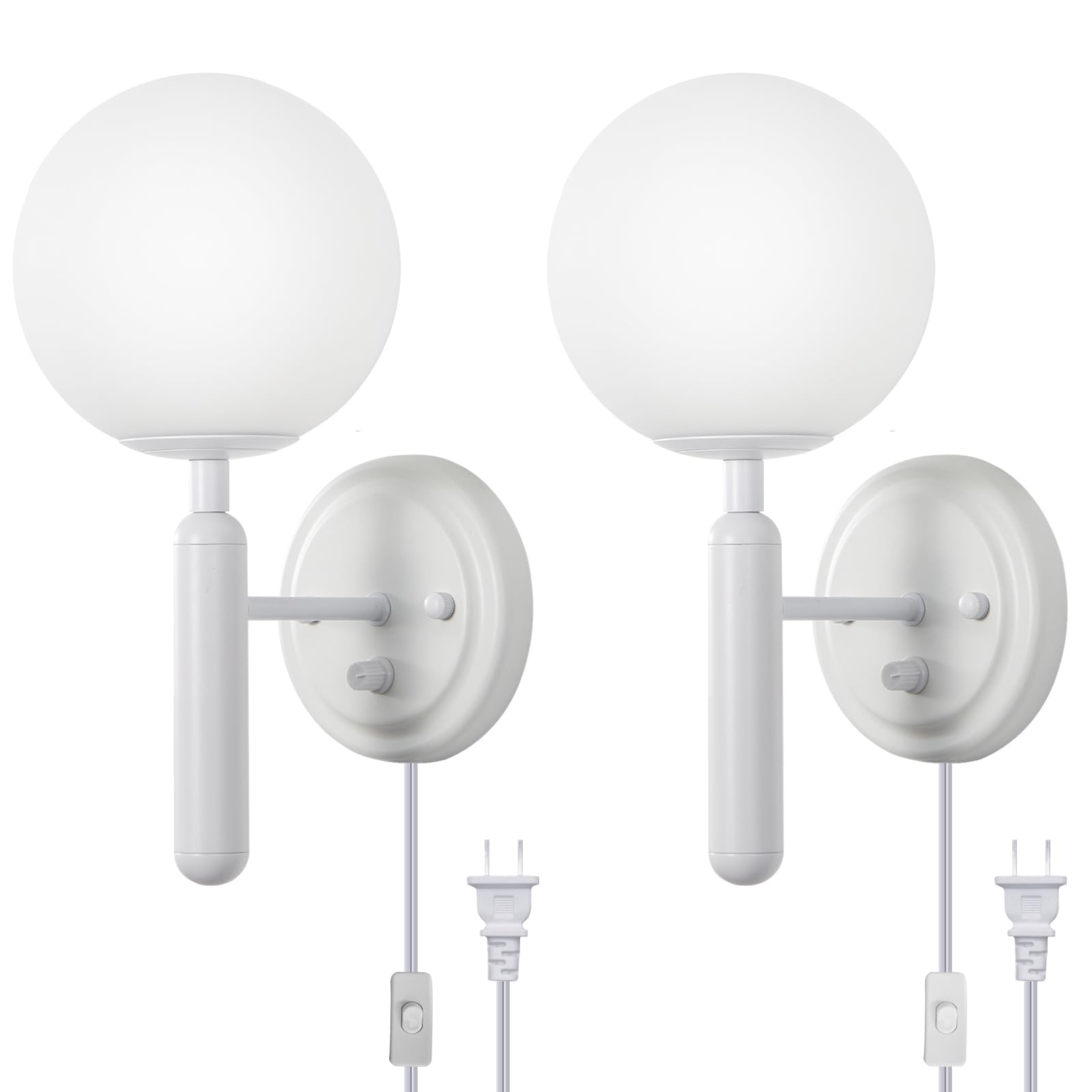 Dimmable Plug in Wall Sconces Set of 2 with Milky Glass Globe Shade, Gold Wall Light with Plug in Electric Cord Dimmer Knob Switch Mid Century Modern Vintage Wall Lamp for Bedroom Bedside Living Room
