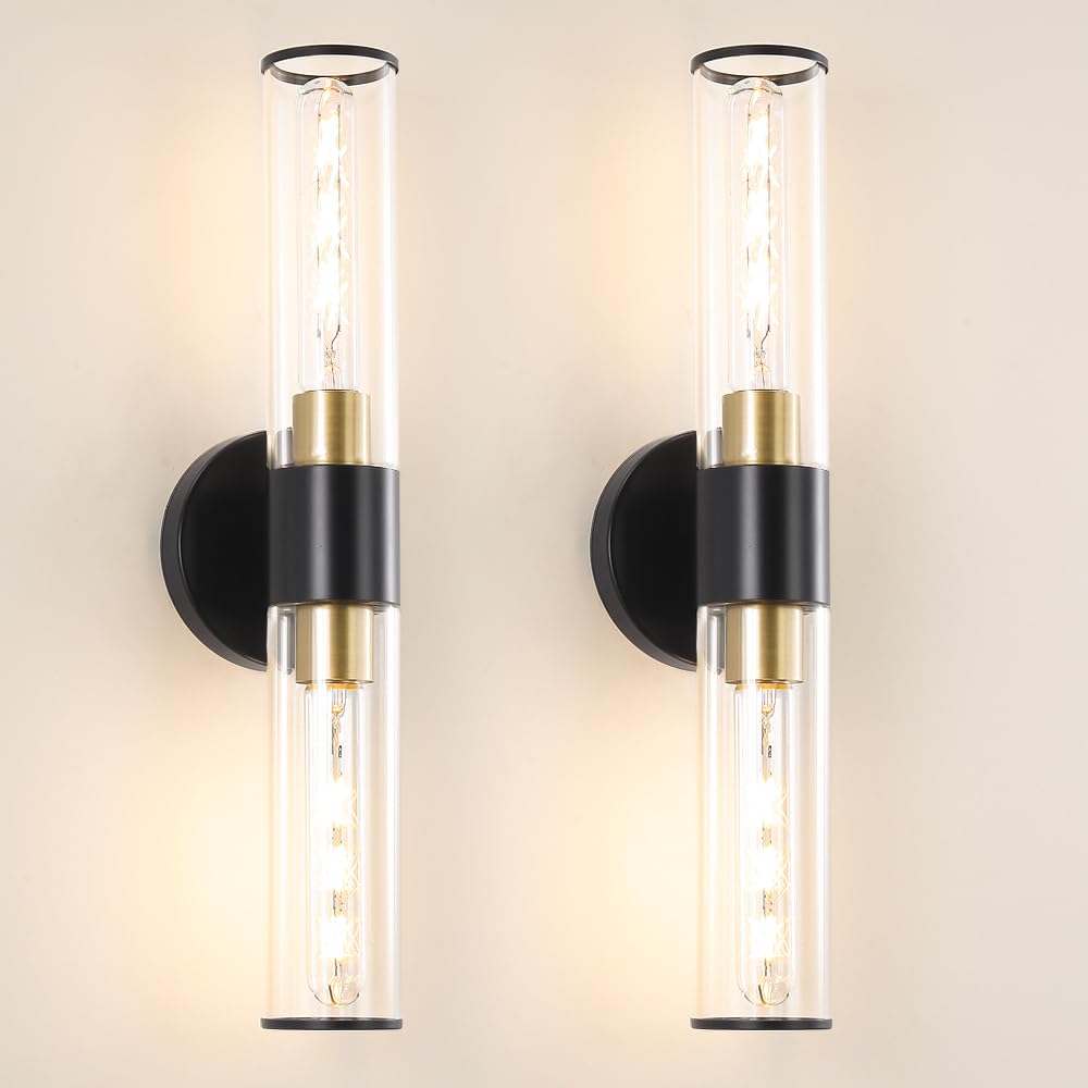 Gold Wall Sconces Set of 2, Hardwired Bathroom Vanity Light Fixture, Brass Sconce Wall Lighting, Modern Wall Light Set of Two, Cylinder Lamp for Bathroom Mirror Hallway Bedroom (Bulbs Required)