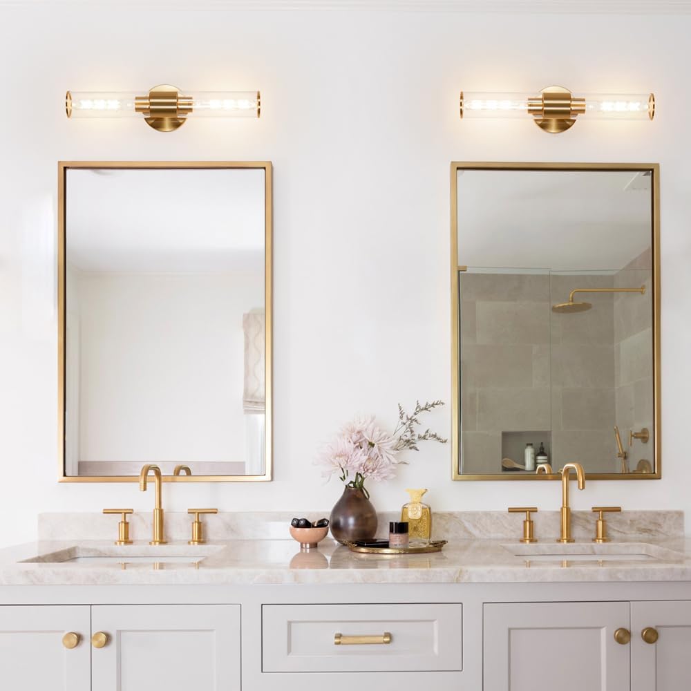 Gold Wall Sconces Set of 2, Hardwired Bathroom Vanity Light Fixture, Brass Sconce Wall Lighting, Modern Wall Light Set of Two, Cylinder Lamp for Bathroom Mirror Hallway Bedroom (Bulbs Required)