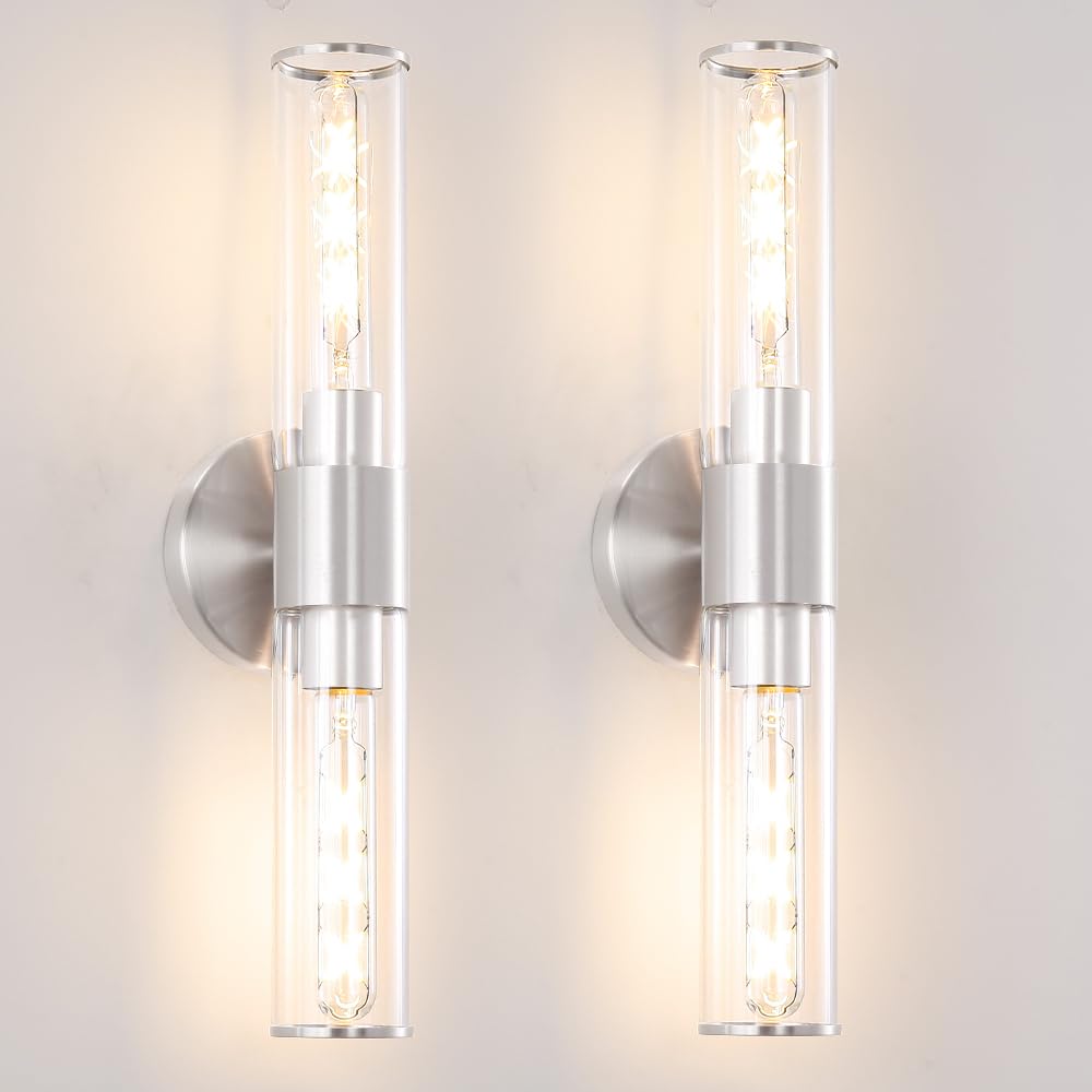 Gold Wall Sconces Set of 2, Hardwired Bathroom Vanity Light Fixture, Brass Sconce Wall Lighting, Modern Wall Light Set of Two, Cylinder Lamp for Bathroom Mirror Hallway Bedroom (Bulbs Required)