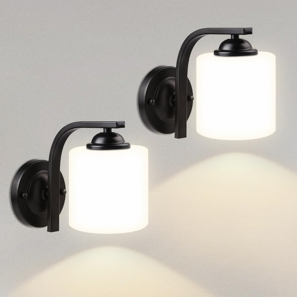 CANMEIJIA Wall Sconce 1 Light, Modern Wall Light Fixture, Bathroom Vanity Lights with Matte Black Wall Lamp for Bedroom Kitchen Hallway Porch, Milky White Glass Shades, E26 Socket, Bulbs Not Included