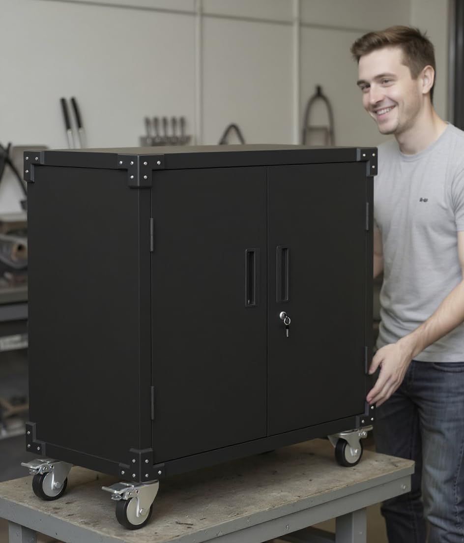 Metal Storage Cabinet, Rolling Tool Cabinet with 2 Adjustable Shelves and Locks & 4 Wheels, Heavy Duty & Rust Resistant Tool Cart, Storage Cabinet for Garage,Warehouse,Office,Black
