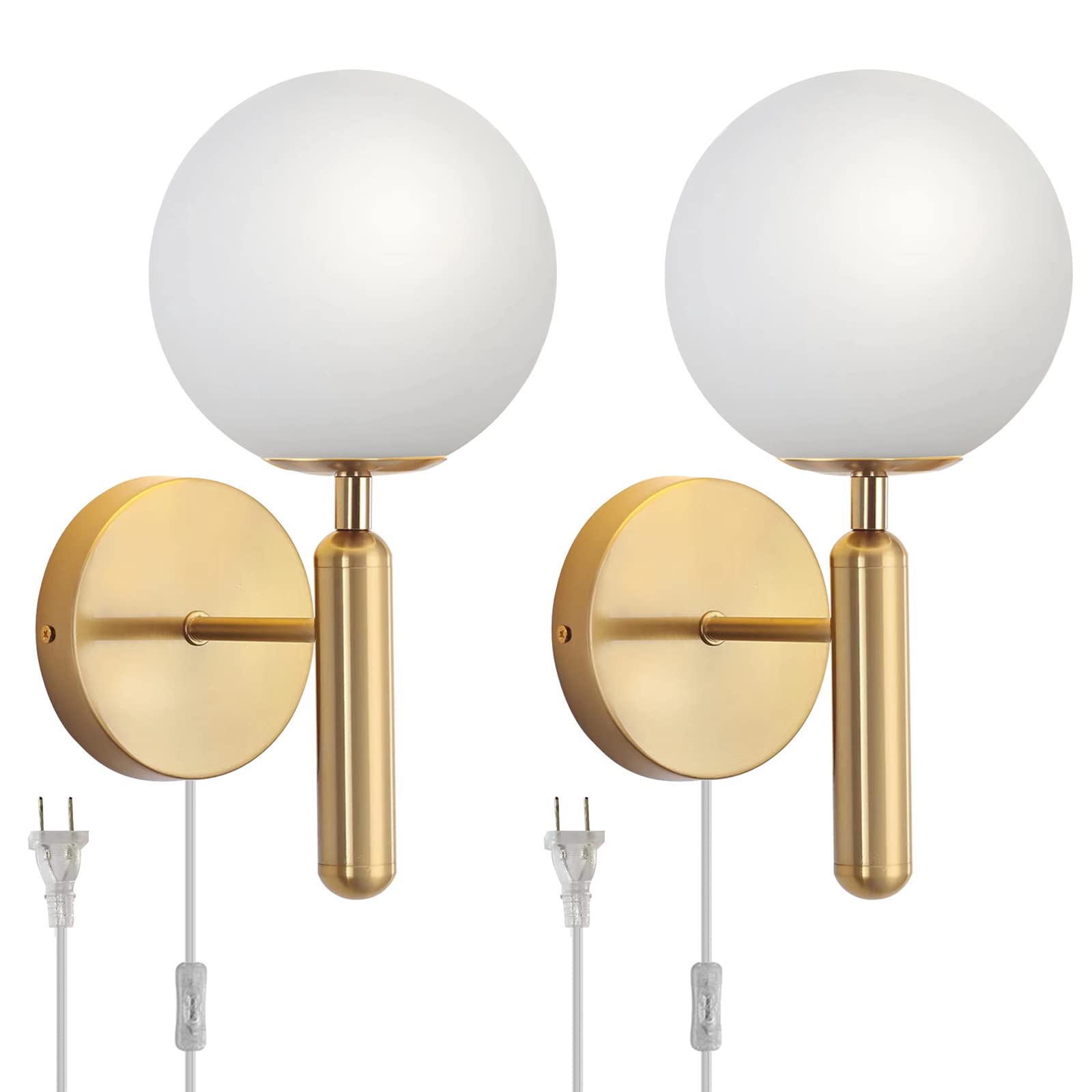 Dimmable Plug in Wall Sconces Set of 2 with Milky Glass Globe Shade, Gold Wall Light with Plug in Electric Cord Dimmer Knob Switch Mid Century Modern Vintage Wall Lamp for Bedroom Bedside Living Room