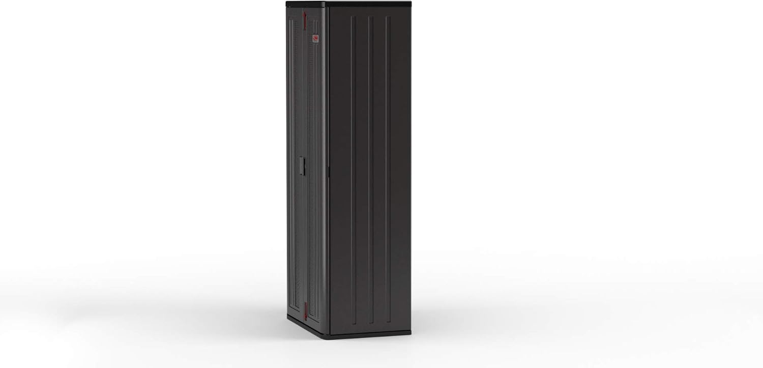 Suncast 19 Cubic Ft. Heavy-Duty Resin Cabinet with Lockable Handles, Multi-Wall Construction, and Metal-Reinforced Shelves for Basement, Utility Room and Garage Storage, Black, Made in the USA