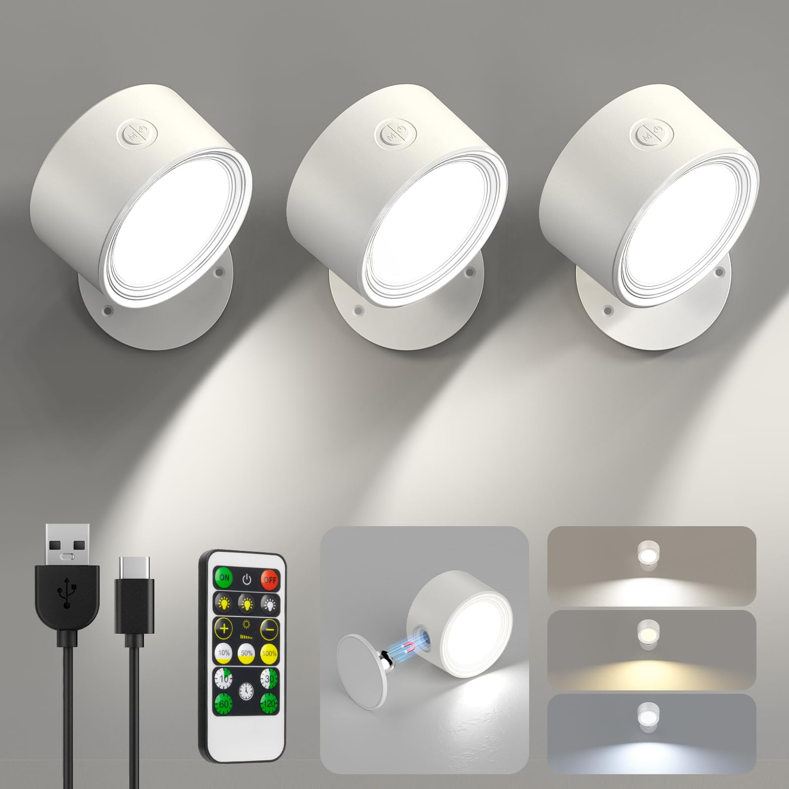 LED Wall Mounted Lights 3 Pcs with Remote, Wall Sconces Lamp 3000mAh Rechargeable Battery Operated, 3 Color Temperatures & Dimmable Magnetic 360° Rotation Cordless Light for Bedroom Bedside