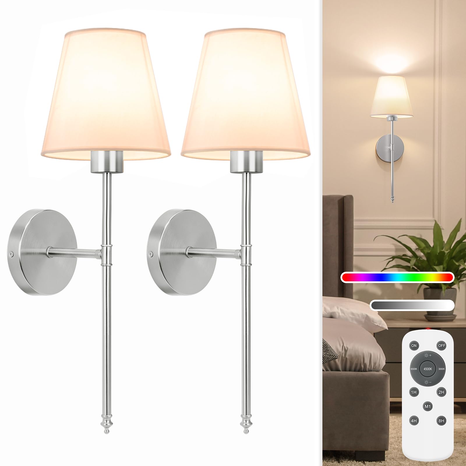NIORSUN Battery Operated Wall Sconce Set of 2,Black Rechargeable Wall Lights with 5200mAh Dimmable Detachable Bulbs and Remote, 10 Colors Wireless Wall Lamps for Bedroom Living Room Hallway Decor