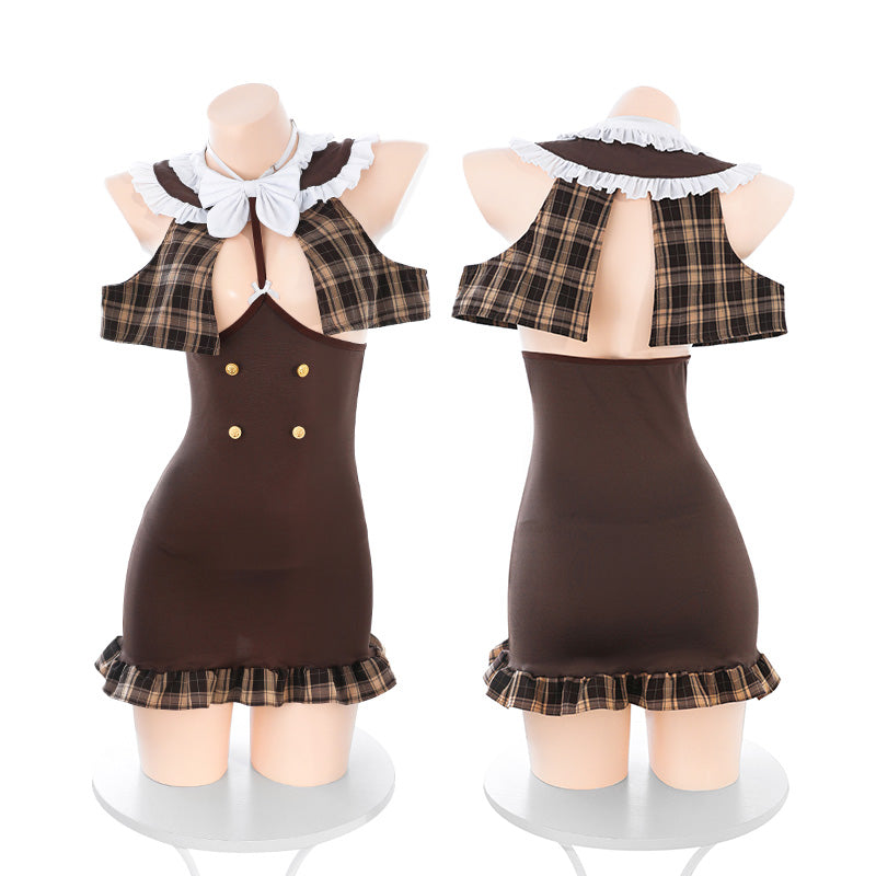 Women's Sexy Low-Cut Bodycon Detective Cosplay Costume - Plaid Sleeveless Mini Dress with Bow Details