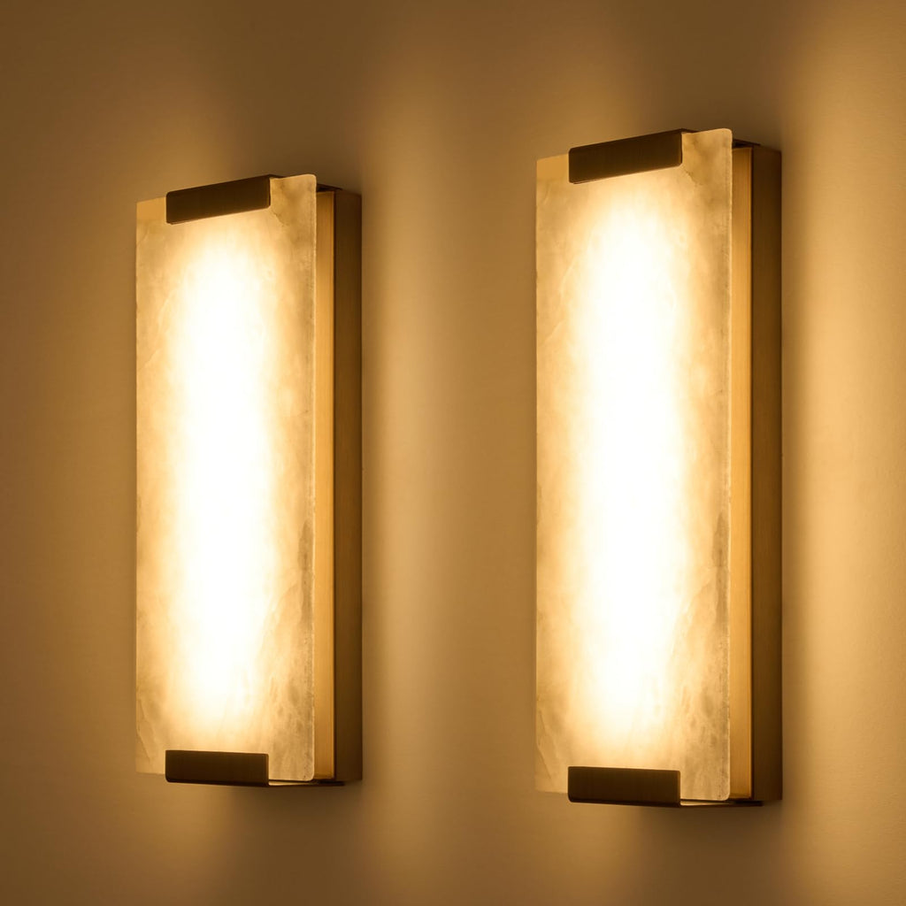 14.2in Alabaster Wall Sconce, Large Natural Marble Wall Light Decor, LED Modern Wall Lamp for Bedroom, Stairs, Living Room, Vanity, Bedside, Hallway （Brushed Bronze 12W）