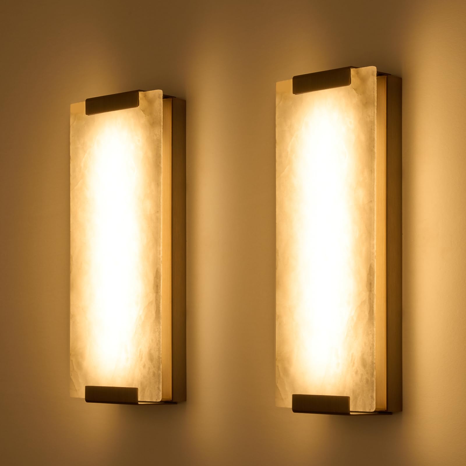 14.2in Alabaster Wall Sconce, Large Natural Marble Wall Light Decor, LED Modern Wall Lamp for Bedroom, Stairs, Living Room, Vanity, Bedside, Hallway （Brushed Bronze 12W）