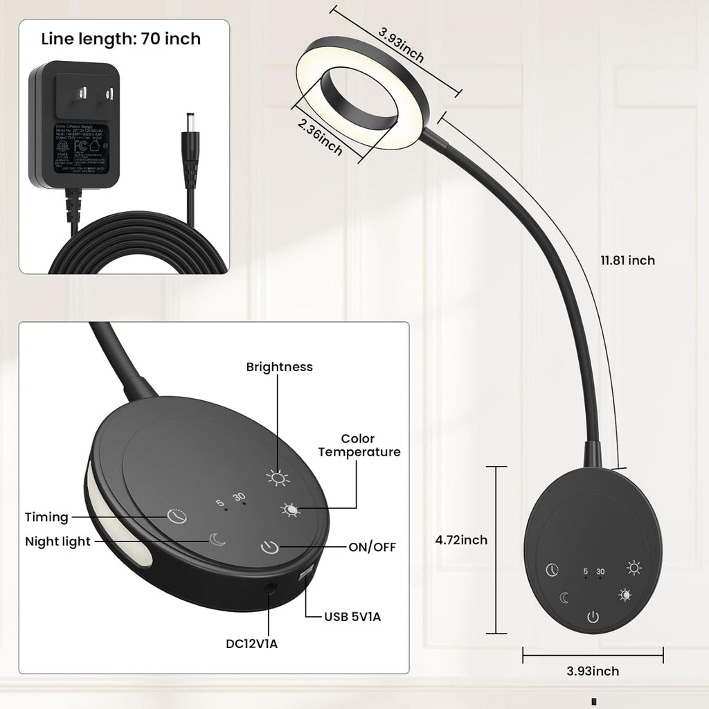 Wall Mounted Reading Light,Bedside Headboard Lights with 5 Color Temperature &5 Dimming,360°Flexible Gooseneck,USB Output, Night Light&Timer Function- Perfect for Reading (Black)