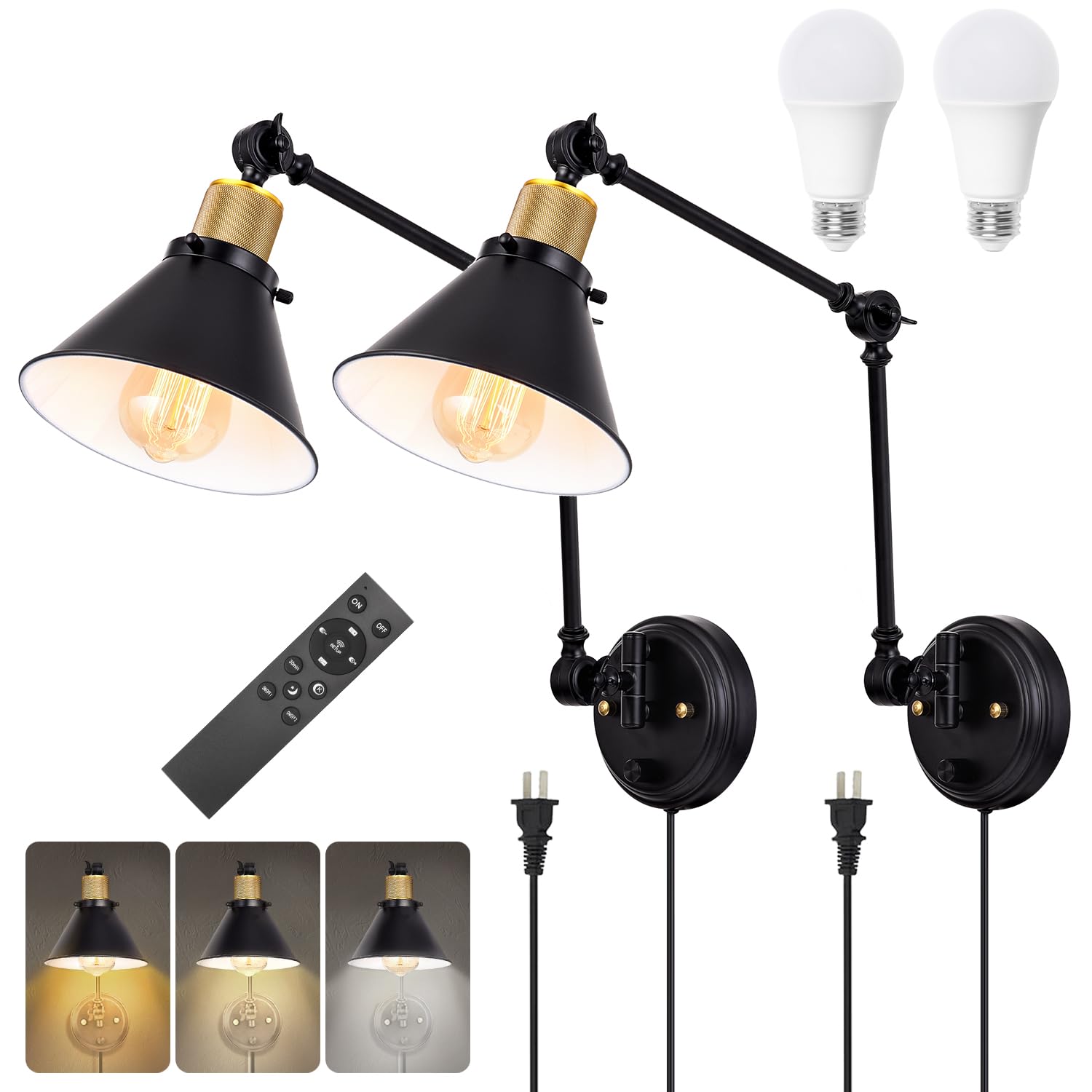 TRLIFE Wall Sconce Plug in, Dimmable Wall Sconce with Switch Swing Arm Wall Lights Plug in Wall Mounted Light Wall Sconces Lighting with 6FT Plug in Cord, E26 Base, UL Listed(Two Arms, 1 Pack)