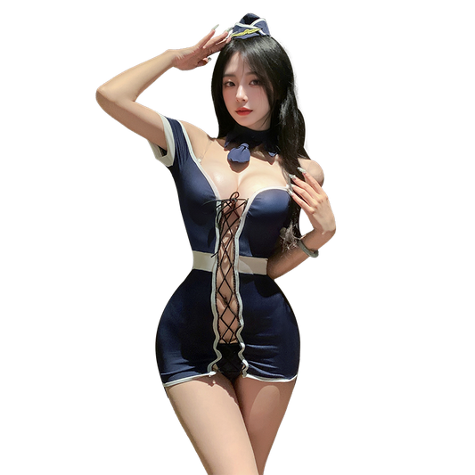 Sexy Stewardess Uniform Bodysuit - Women's Flight Attendant Cosplay Lingerie
