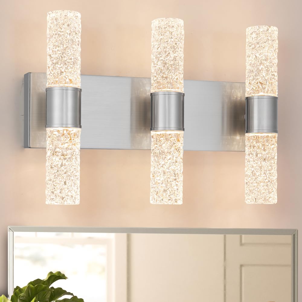 Crystal LED Wall Sconces Set of 2, Brushed Gold Bathroom Light Fixtures, Modern Bathroom Sconce Lights with Wired LED for Bedroom,Living Room,Hallway | Gold Vanity Wall Lighting & Crystal Wall Decor