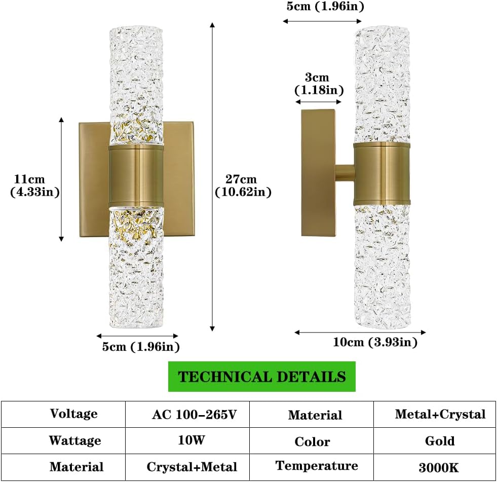 Crystal LED Wall Sconces Set of 2, Brushed Gold Bathroom Light Fixtures, Modern Bathroom Sconce Lights with Wired LED for Bedroom,Living Room,Hallway | Gold Vanity Wall Lighting & Crystal Wall Decor