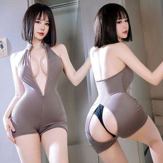Provocative Open Crotch Clubwear Bodysuit - High Cut & Zipper Front - Sporty Open Crotch Teddy Lingerie