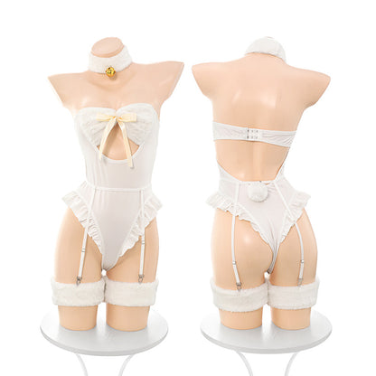 Adult Sexy Lamb Lingerie Bodysuit - Women's Cute Sheep Open Crotch Cosplay Outfit with Bell Collar & Ears