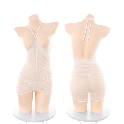 Women's Sheer Mesh Halter Mini Dress | See-Through Lingerie Bodycon Nightwear | Erotic Clubwear