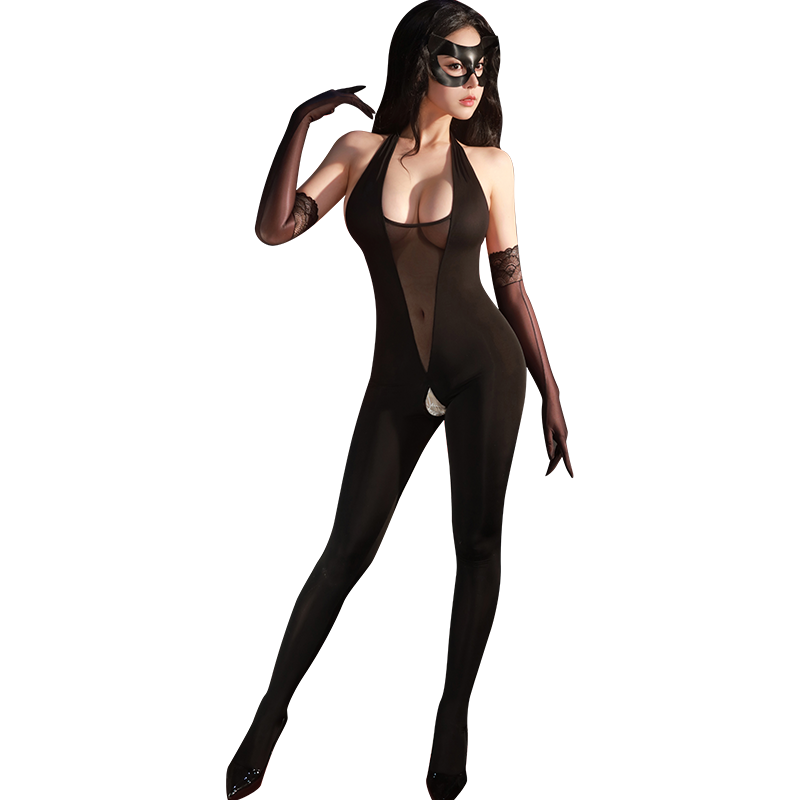 Women's Sexy Catwoman Bodysuit - Sheer Mesh Crotchless Halter Jumpsuit Lingerie with Mask & Gloves