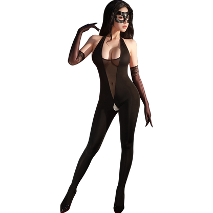 Women's Sexy Catwoman Bodysuit - Sheer Mesh Crotchless Halter Jumpsuit Lingerie with Mask & Gloves