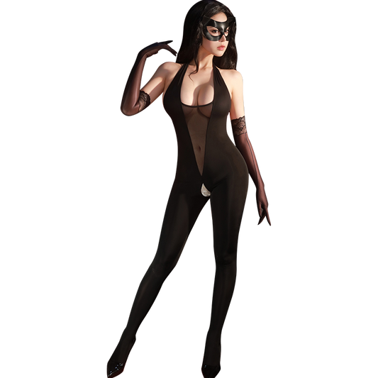 Women's Sexy Catwoman Bodysuit - Sheer Mesh Crotchless Halter Jumpsuit Lingerie with Mask & Gloves