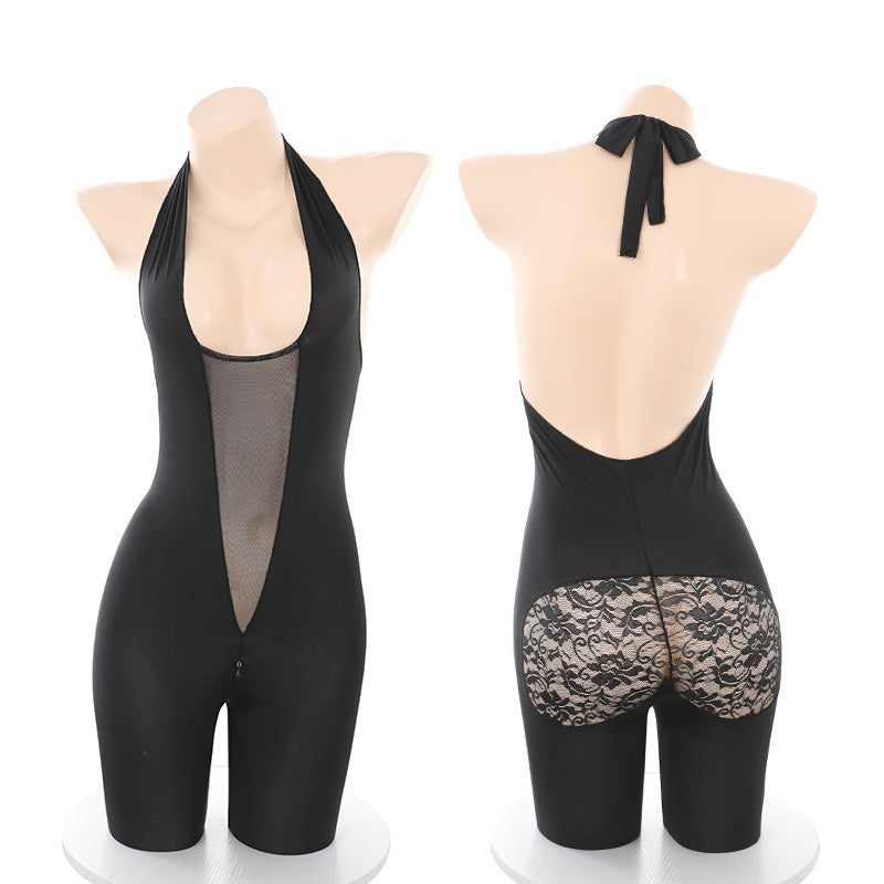 Women's Sexy Catwoman Bodysuit - Sheer Mesh Crotchless Halter Jumpsuit Lingerie with Mask & Gloves