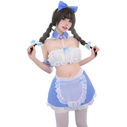 Maid Cosplay Lingerie Set for Women - Sexy Bottomless Tube Top & Mini Skirt Uniform with Apron