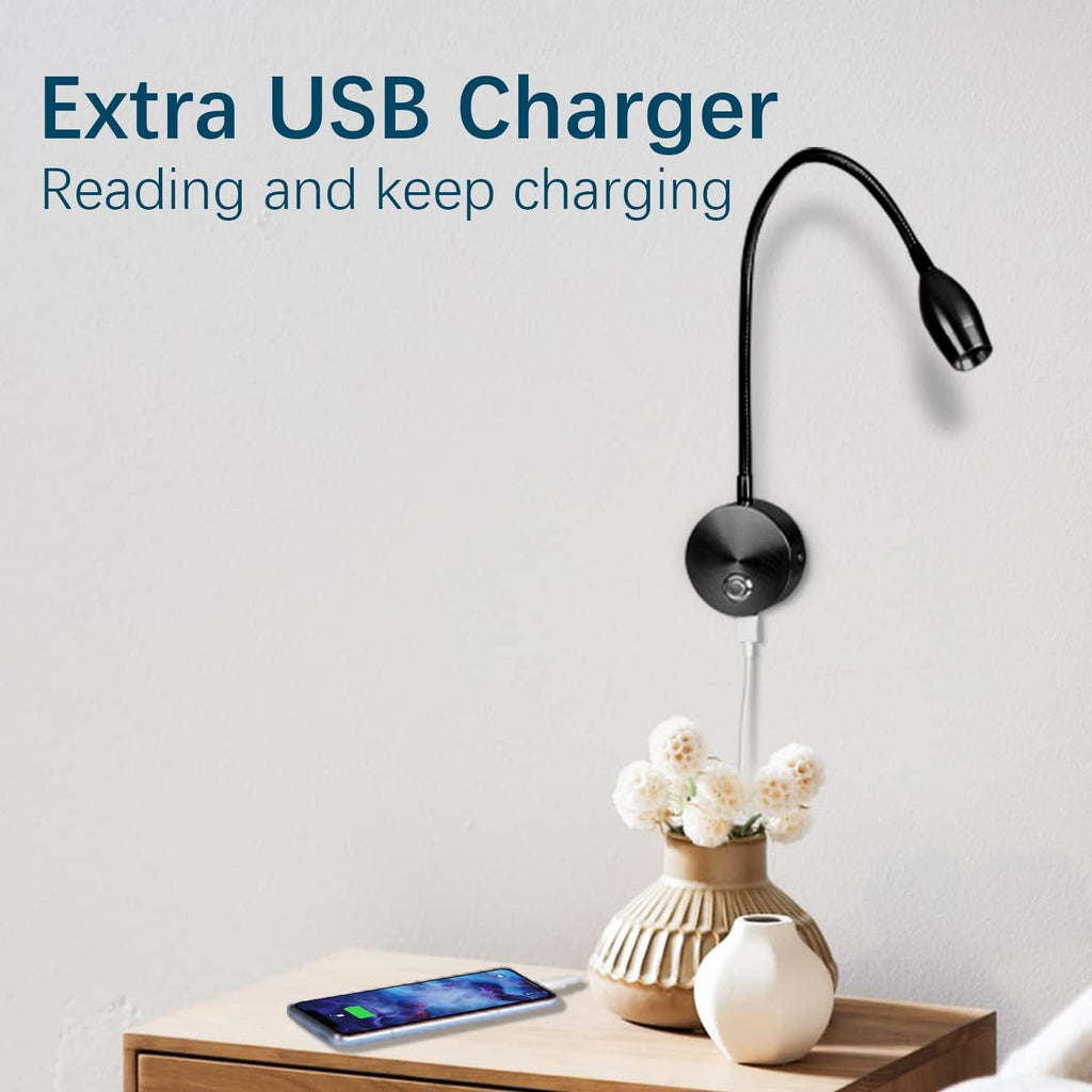 Adust Wall Mounted Reading Light Set, Wall Reading Light, Bed Headboard Reading Light Dimmable Touch Control, USB Output, 3 Color Temperature (Black 1-Pack)