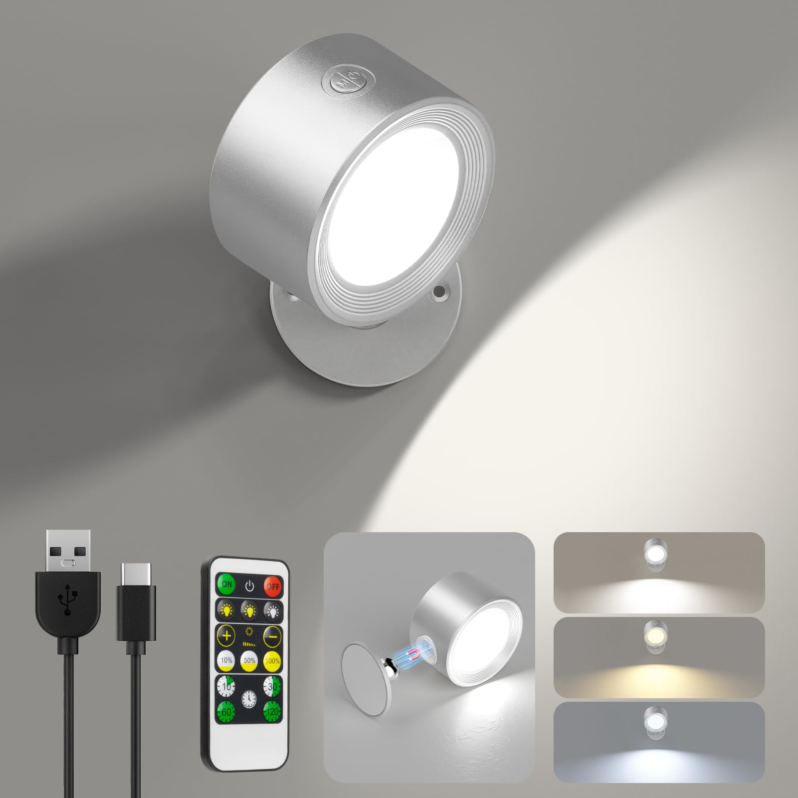 LED Wall Mounted Lights 3 Pcs with Remote, Wall Sconces Lamp 3000mAh Rechargeable Battery Operated, 3 Color Temperatures & Dimmable Magnetic 360° Rotation Cordless Light for Bedroom Bedside