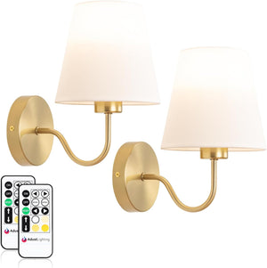 Adust Battery Operated Wall Sconce Set of Two Antique Brass Wall Lights Remote Control Dimmable Rechargeable LED Light Bulb, 3 Color Temps LED