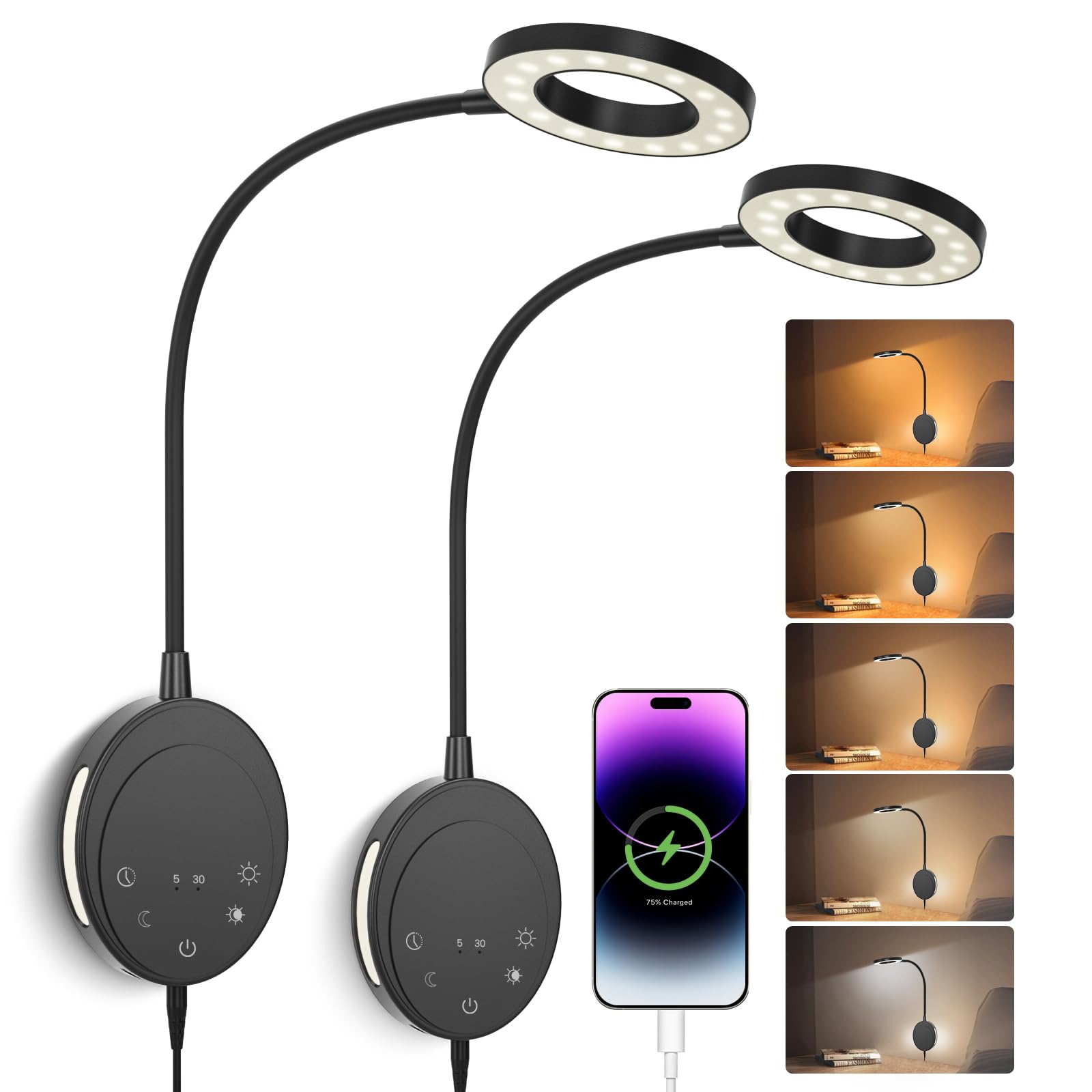 Wall Mounted Reading Light,Bedside Headboard Lights with 5 Color Temperature &5 Dimming,360°Flexible Gooseneck,USB Output, Night Light&Timer Function- Perfect for Reading (Black)