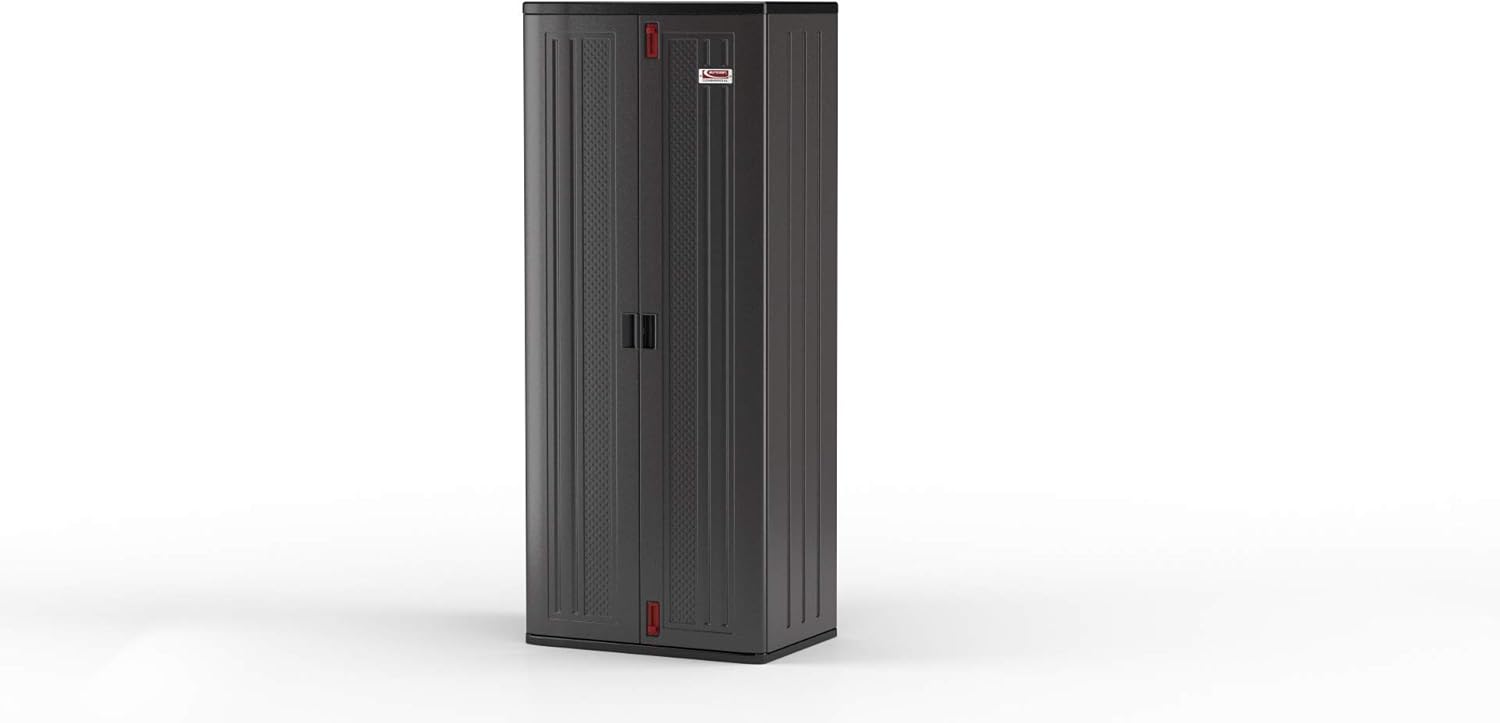 Suncast 19 Cubic Ft. Heavy-Duty Resin Cabinet with Lockable Handles, Multi-Wall Construction, and Metal-Reinforced Shelves for Basement, Utility Room and Garage Storage, Black, Made in the USA