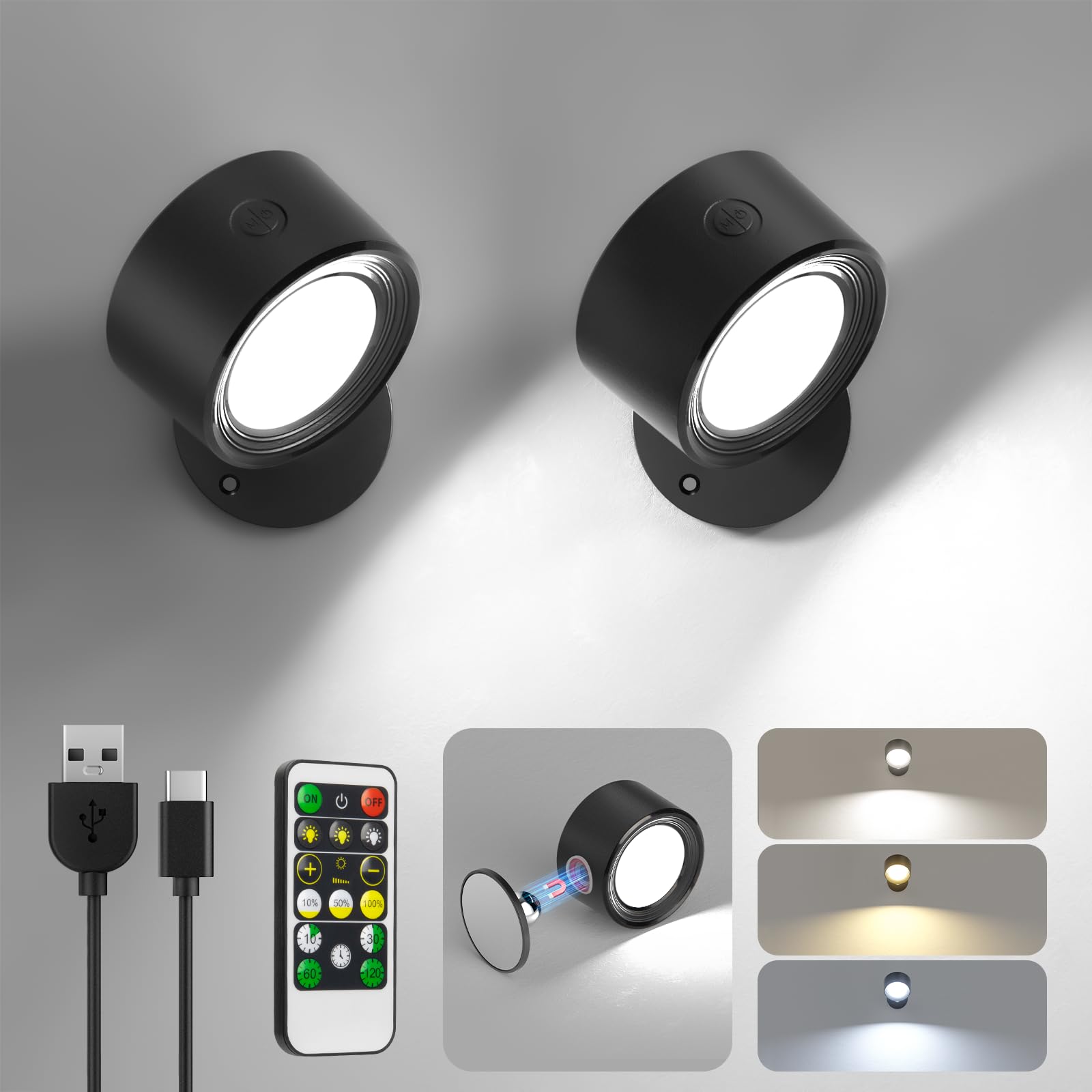 LED Wall Mounted Lights 3 Pcs with Remote, Wall Sconces Lamp 3000mAh Rechargeable Battery Operated, 3 Color Temperatures & Dimmable Magnetic 360° Rotation Cordless Light for Bedroom Bedside