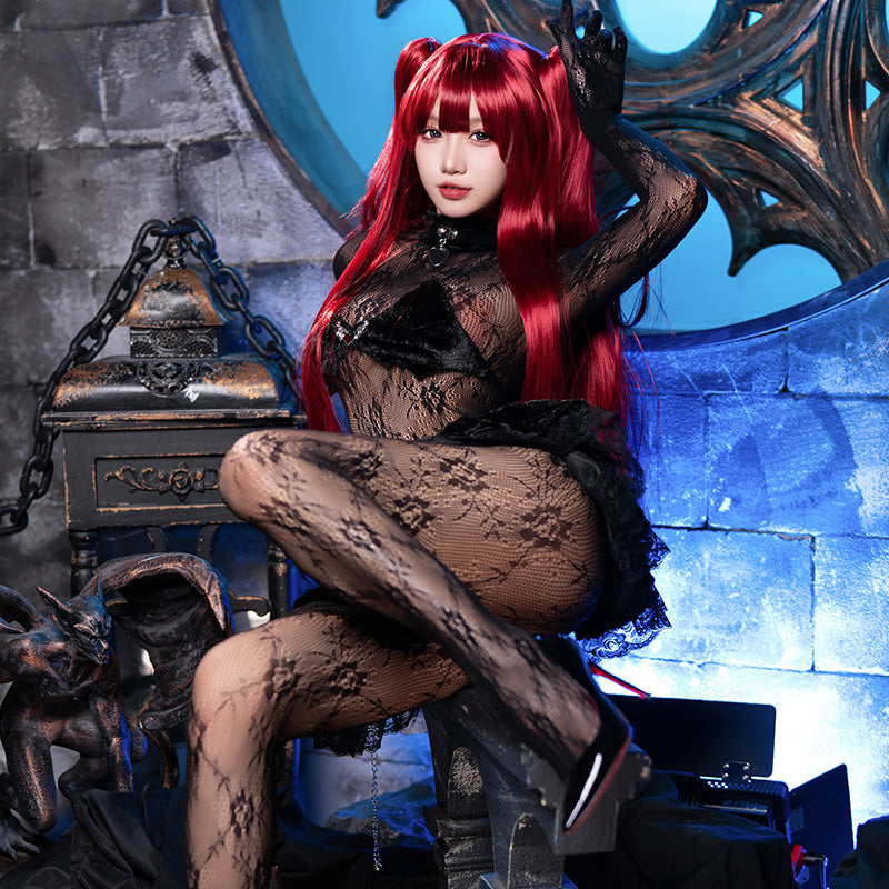 Women's Gothic Succubus Bare Back Lace Bodysuit with Ruffle Skirt - Sexy Cosplay Lingerie Hunting Outfit