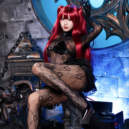Women's Gothic Succubus Bare Back Lace Bodysuit with Ruffle Skirt - Sexy Cosplay Lingerie Hunting Outfit
