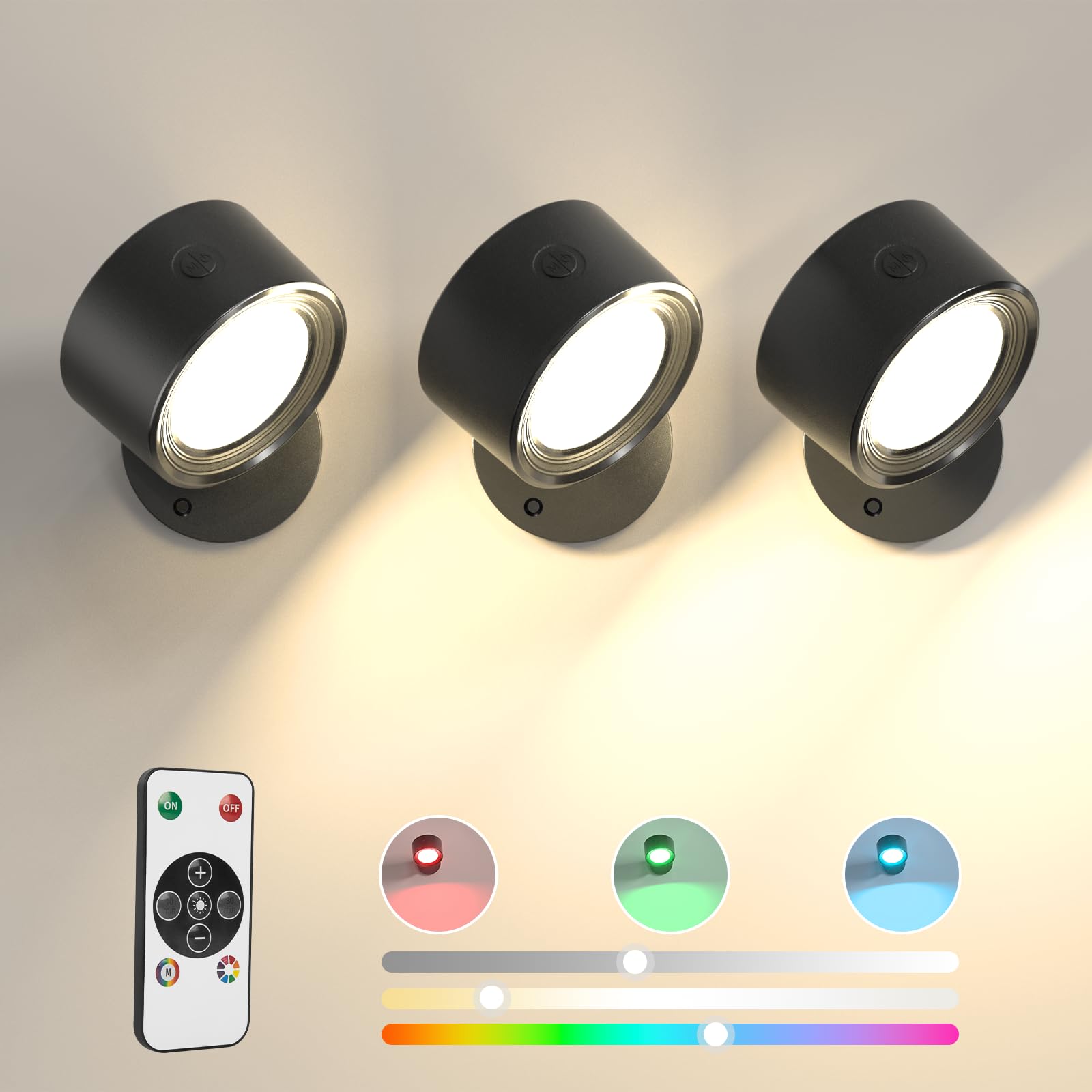 LED Wall Mounted Lights 3 Pcs with Remote, Wall Sconces Lamp 3000mAh Rechargeable Battery Operated, 3 Color Temperatures & Dimmable Magnetic 360° Rotation Cordless Light for Bedroom Bedside