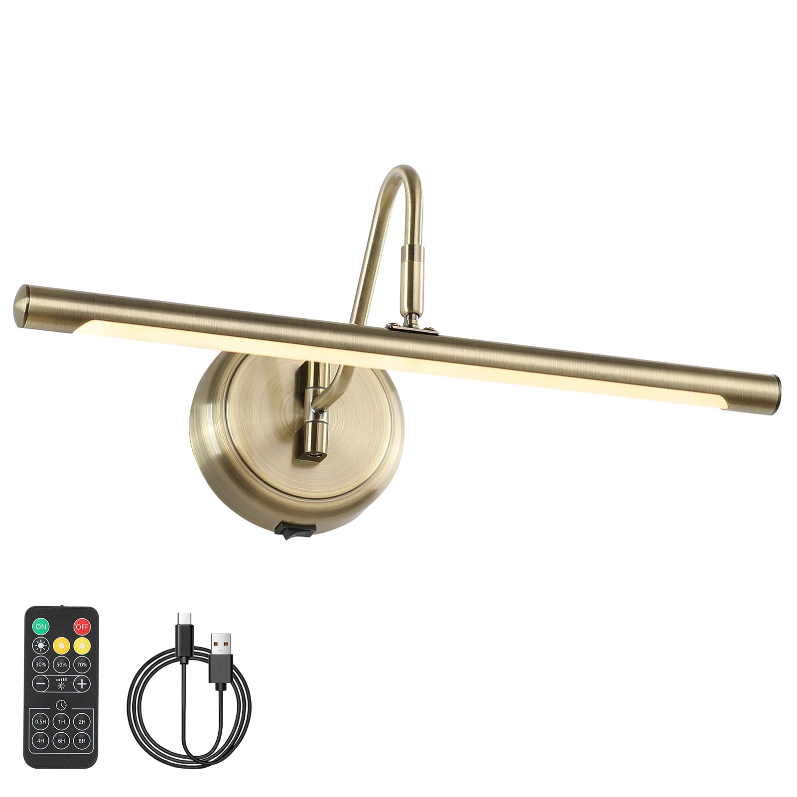 JOOSENLUX Battery Operated Picture Light Gold - Modern Wireless Picture Lights for Wall Dimmable 16.5inch Under Cabinet and Swing Arm for Canvas Sconce 3000K CRI95