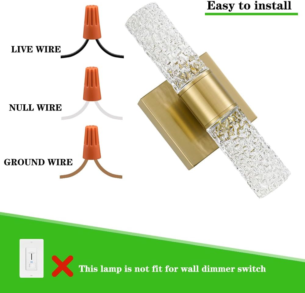 Crystal LED Wall Sconces Set of 2, Brushed Gold Bathroom Light Fixtures, Modern Bathroom Sconce Lights with Wired LED for Bedroom,Living Room,Hallway | Gold Vanity Wall Lighting & Crystal Wall Decor