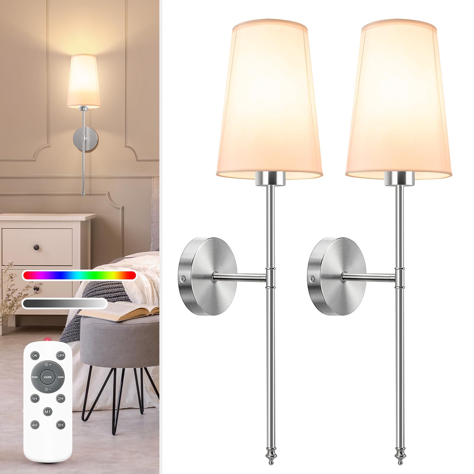 NIORSUN Battery Operated Wall Sconce Set of 2,Black Rechargeable Wall Lights with 5200mAh Dimmable Detachable Bulbs and Remote, 10 Colors Wireless Wall Lamps for Bedroom Living Room Hallway Decor