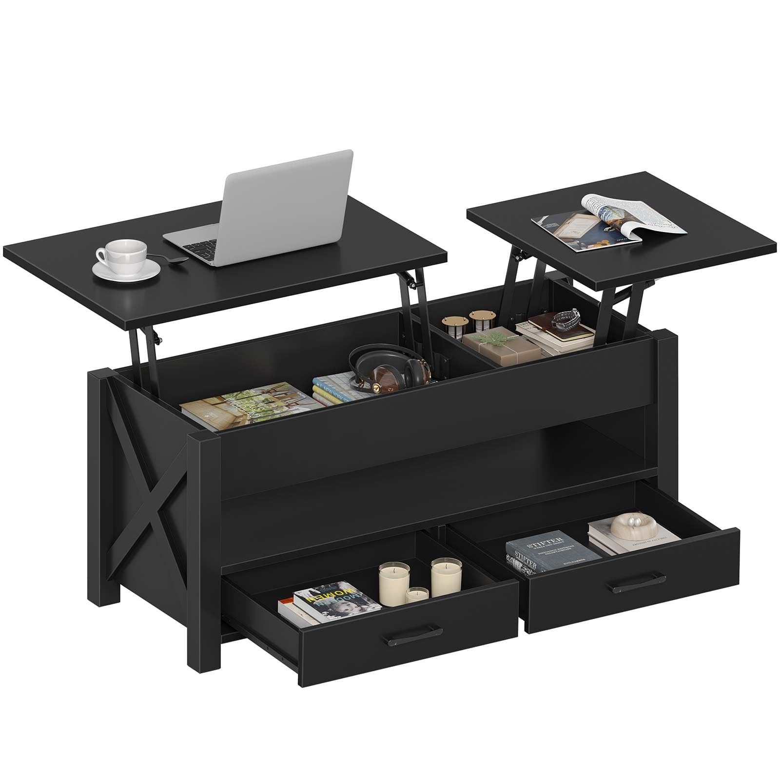 Seventable Coffee Table, 47.2" Lift Top Coffee Table with 2 Storage Drawers and Hidden Compartment, Farmhouse Center Table with Wooden Lift Tabletop, for Living Room,Rustic Brown