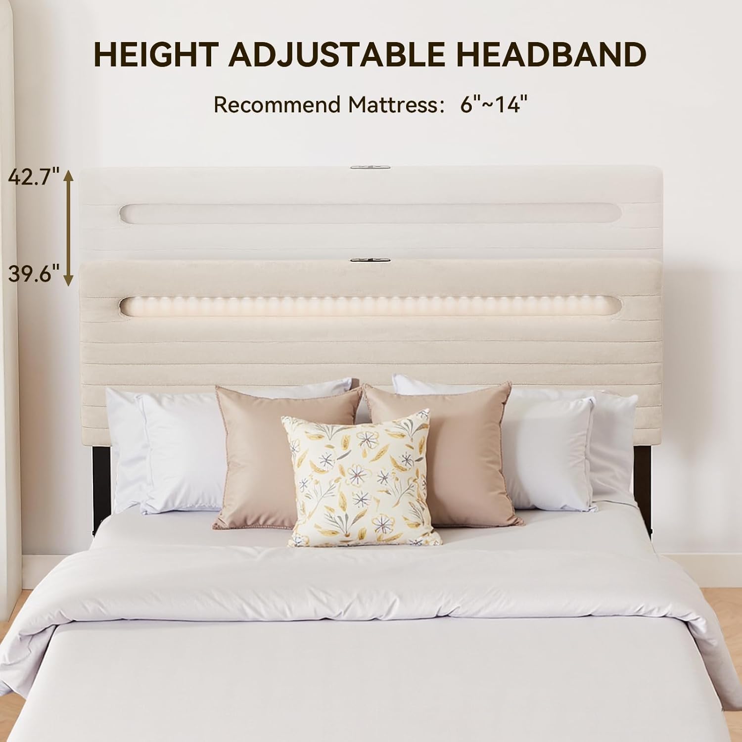 Chenille Upholstered Full Size Bed Frame with 4 Storage Drawers, Platform Bed Frame with Headboard, Charging Station and LED Lights, Easy Assembly，No Box Spring Needed, Beige