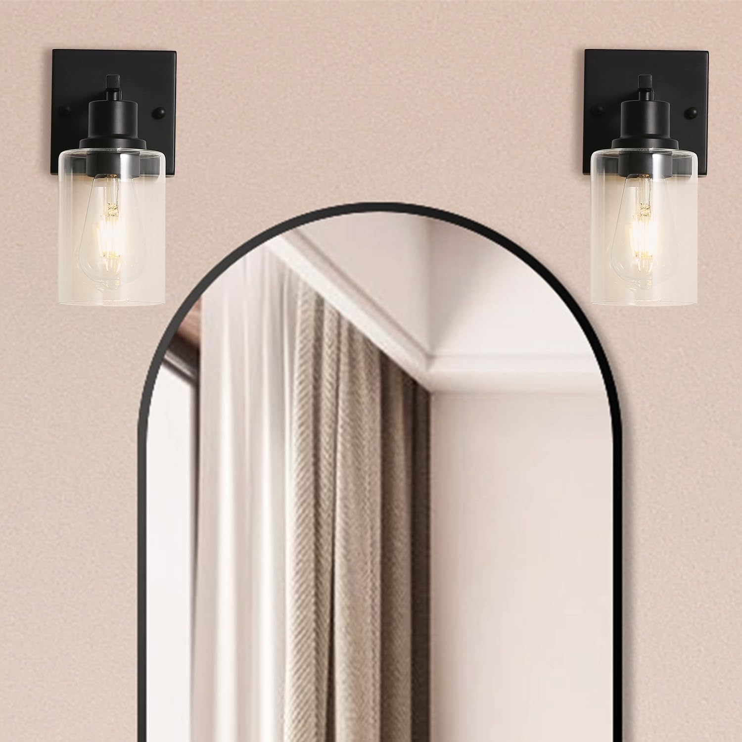 Hallway Wall Sconces Set of 2,Farmhouse Modern Wall Lights Bathroom Matte Black Vanity Lights fixtures with Glass Shade, Hallway Wall Lights for Bedroom,Living Room