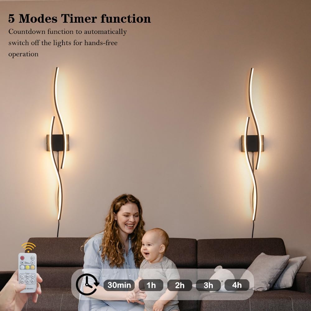 Modern Plug in Wall Sconces Set of Two, RC Dimmable LED Plug in Wall Light, Black Sconce Wall Lighting for Living Room, Hallway, Bedroom