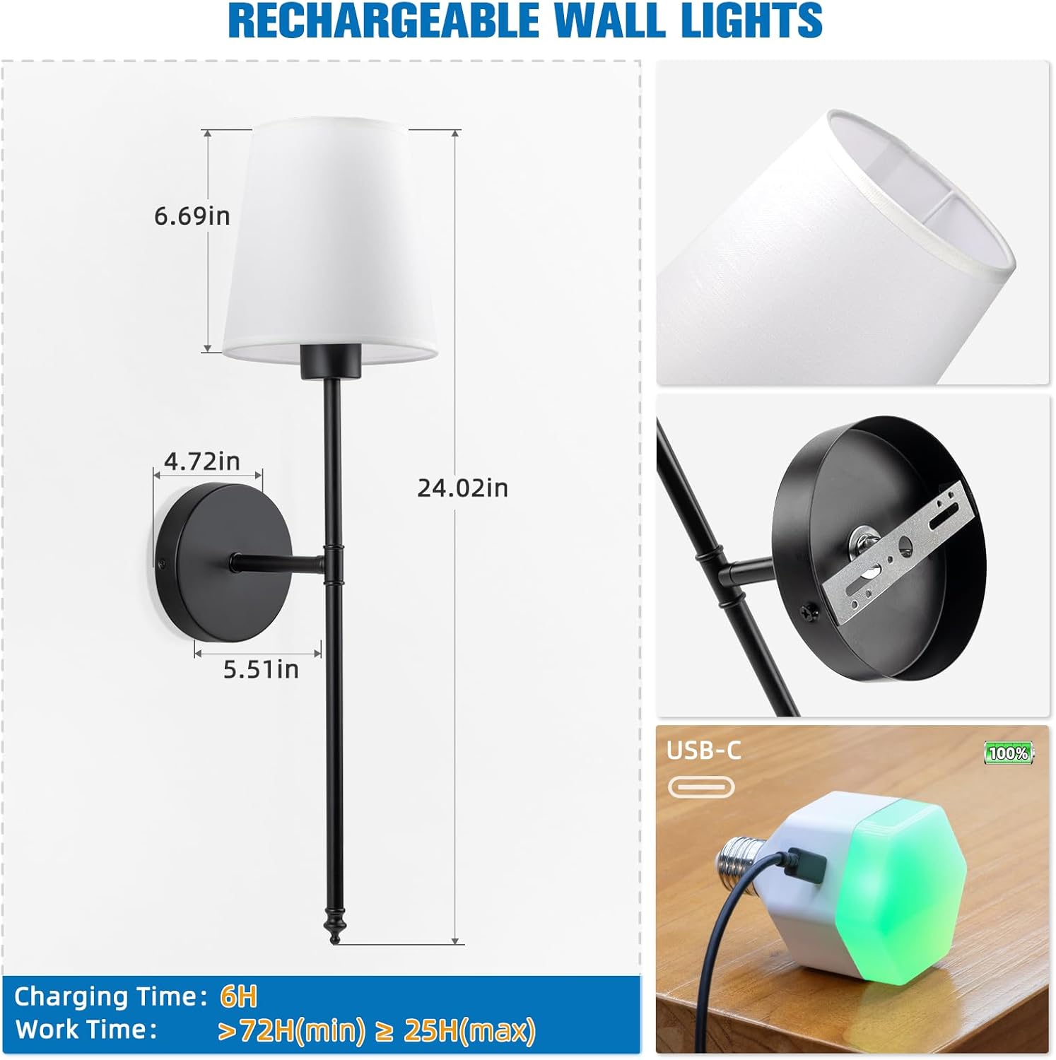 NIORSUN Battery Operated Wall Sconce Set of 2,Black Rechargeable Wall Lights with 5200mAh Dimmable Detachable Bulbs and Remote, 10 Colors Wireless Wall Lamps for Bedroom Living Room Hallway Decor