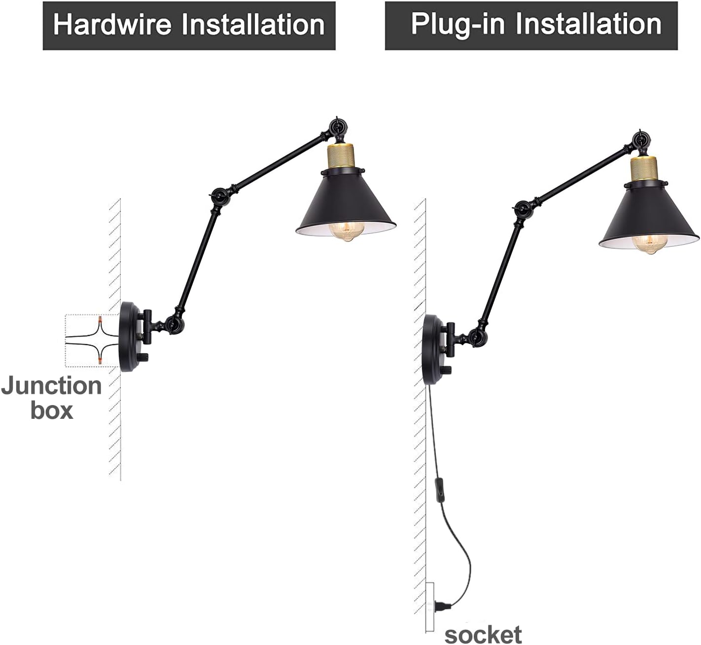 TRLIFE Wall Sconce Plug in, Dimmable Wall Sconce with Switch Swing Arm Wall Lights Plug in Wall Mounted Light Wall Sconces Lighting with 6FT Plug in Cord, E26 Base, UL Listed(Two Arms, 1 Pack)