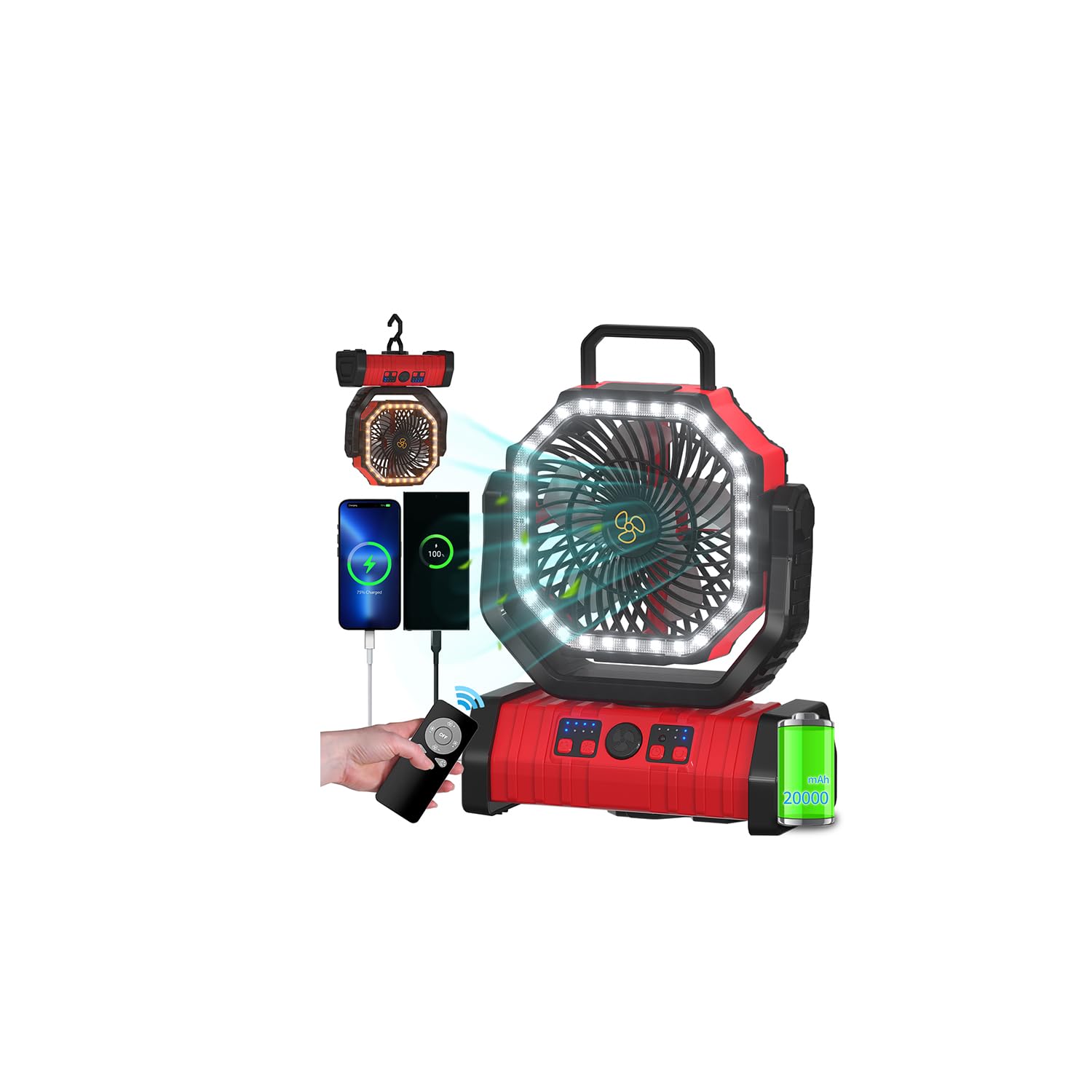 ADUST Portable Battery Powered Operated Fan with LED Lantern Light Cordless 20000mAh Rechargeable Camping Fan for Tents, 4 Speeds, Auto Oscillating, 270° Rotation 360° Hanging Hook, Desk Fan(Orange)