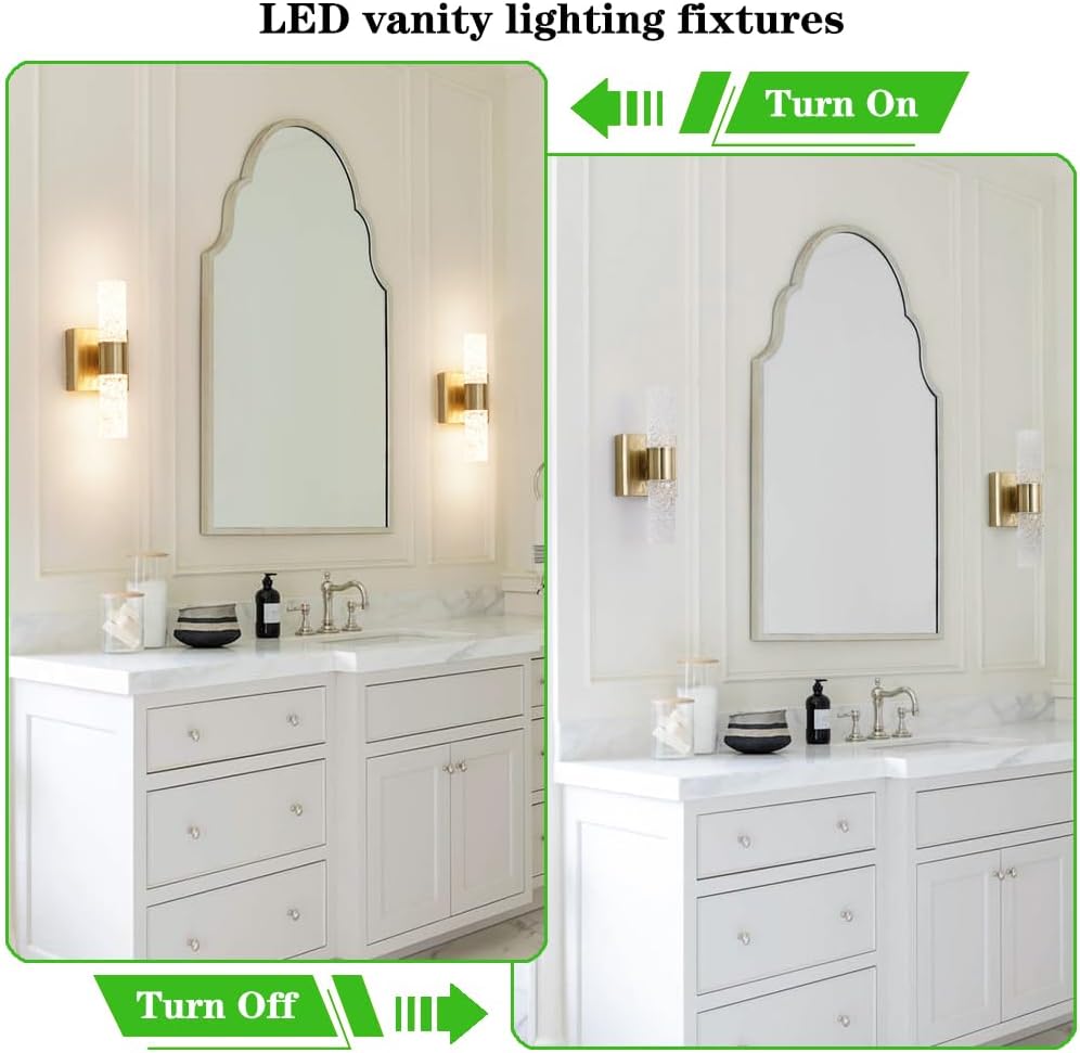 Crystal LED Wall Sconces Set of 2, Brushed Gold Bathroom Light Fixtures, Modern Bathroom Sconce Lights with Wired LED for Bedroom,Living Room,Hallway | Gold Vanity Wall Lighting & Crystal Wall Decor