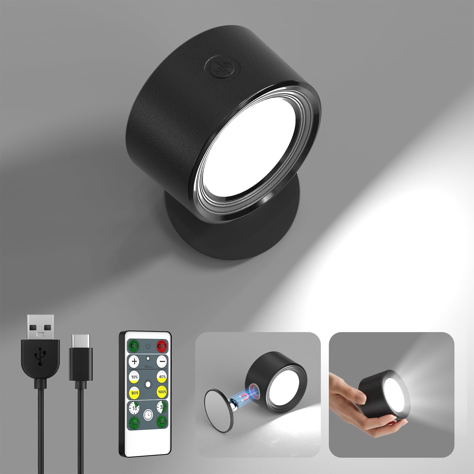 LED Wall Mounted Lights 3 Pcs with Remote, Wall Sconces Lamp 3000mAh Rechargeable Battery Operated, 3 Color Temperatures & Dimmable Magnetic 360° Rotation Cordless Light for Bedroom Bedside