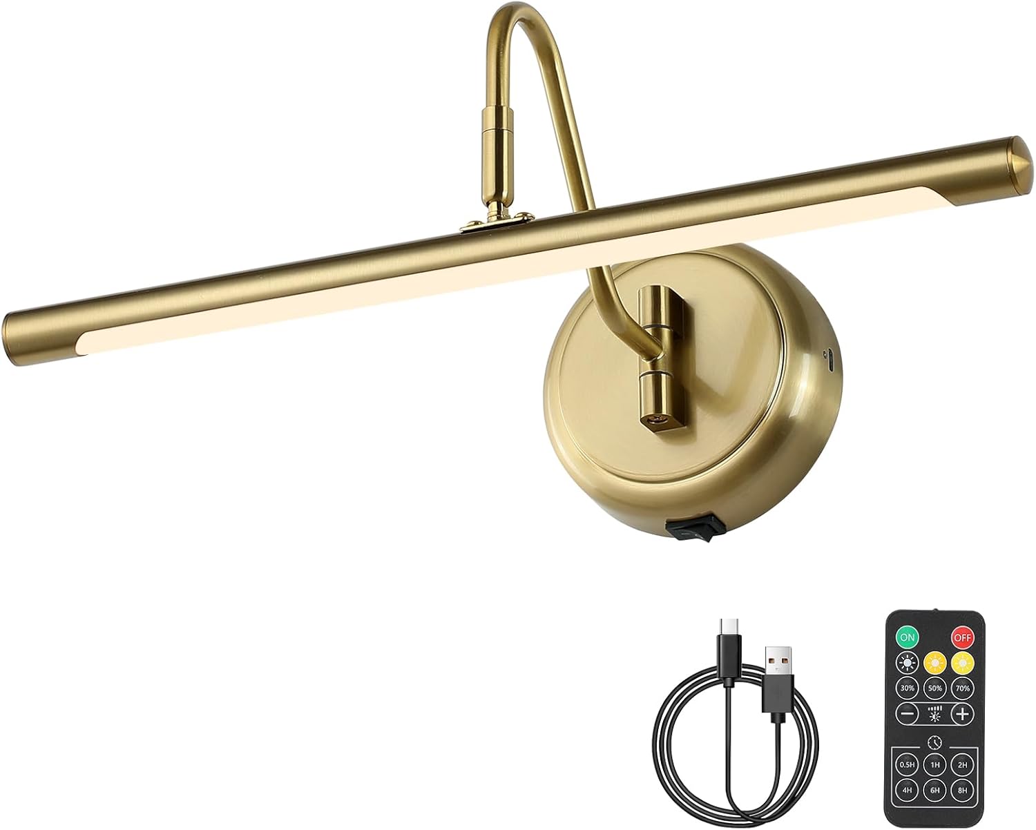 JOOSENLUX Battery Operated Picture Light Gold - Modern Wireless Picture Lights for Wall Dimmable 16.5inch Under Cabinet and Swing Arm for Canvas Sconce 3000K CRI95