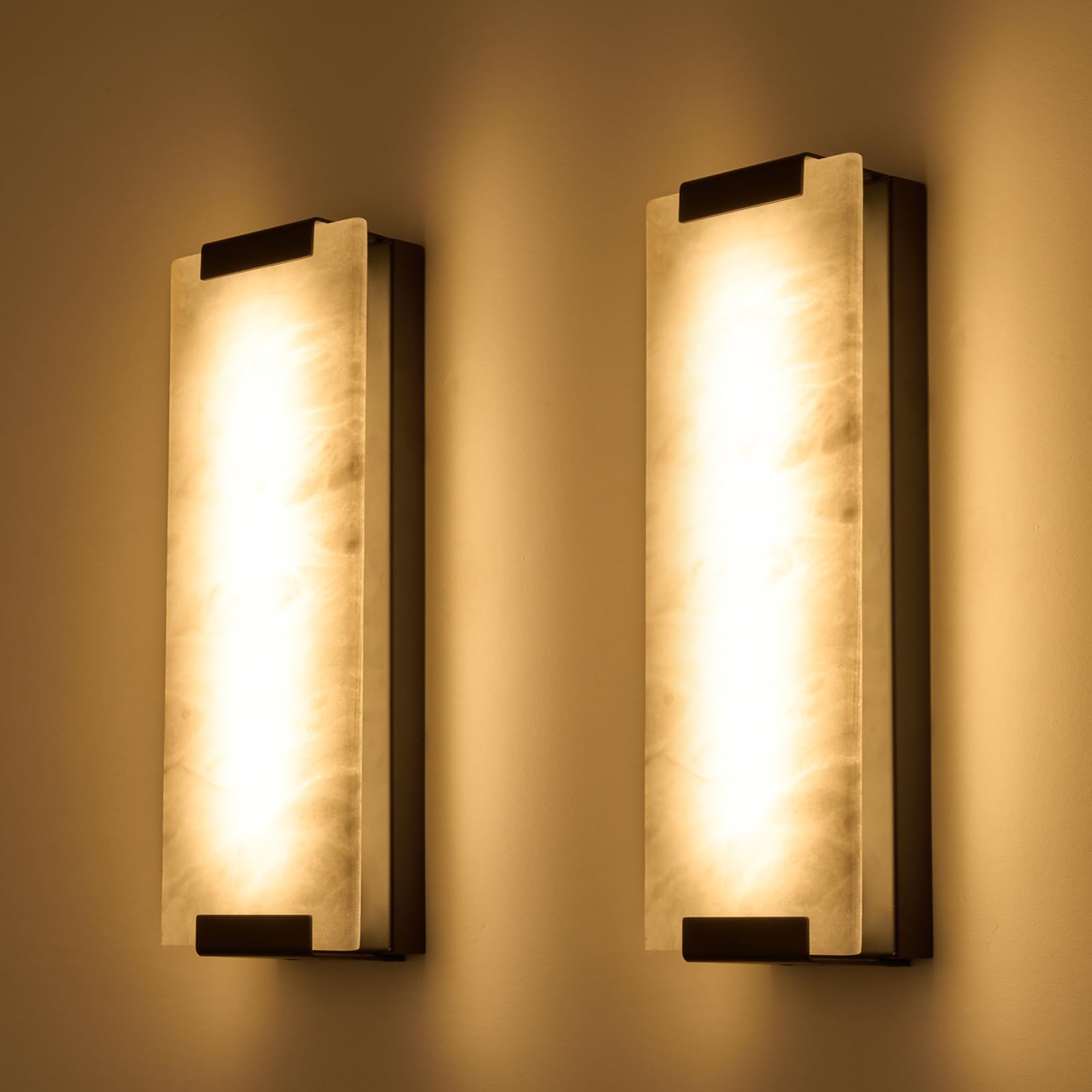 14.2in Alabaster Wall Sconce, Large Natural Marble Wall Light Decor, LED Modern Wall Lamp for Bedroom, Stairs, Living Room, Vanity, Bedside, Hallway （Brushed Bronze 12W）