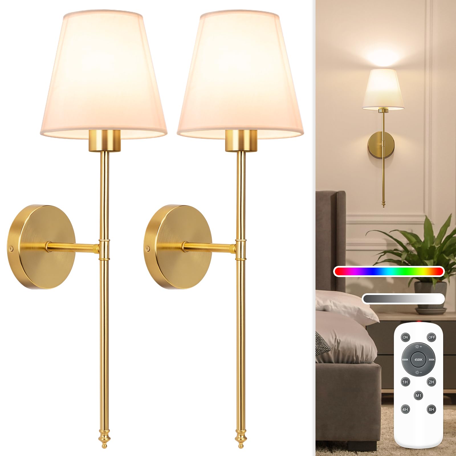 NIORSUN Battery Operated Wall Sconce Set of 2,Black Rechargeable Wall Lights with 5200mAh Dimmable Detachable Bulbs and Remote, 10 Colors Wireless Wall Lamps for Bedroom Living Room Hallway Decor